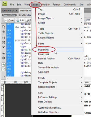 Image of how to insert a hyperlink in Dreamweaver